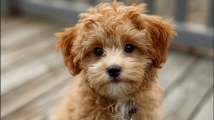Cute puppy with fluffy fur sitting on wooden deck in natural light during a sunny afternoon
