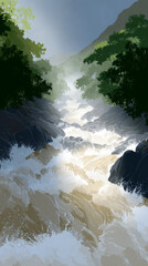 Dynamic River Landscape with Cascading Water and Lush Greenery

