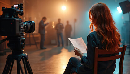 Actress sits on chair, reading script on movie set. Crew films scene with camera. Woman concentrates on lines, preparing for role. Behind her, crew works near lights.