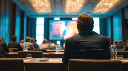Business professionals engage in a conference presentation at a modern venue during a corporate event in the evening