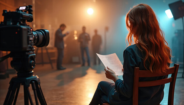 Actress sits on chair, reading script on movie set. Crew films scene with camera. Woman concentrates on lines, preparing for role. Behind her, crew works near lights. - Powered by Adobe