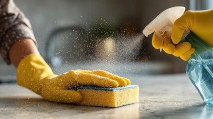 Close-up of hands in gloves cleaning a surface with a sponge and spray bottle for hygiene