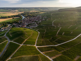 Aerial panoramic view on champagne vineyards and village Hautvillers near Epernay, Champange, France