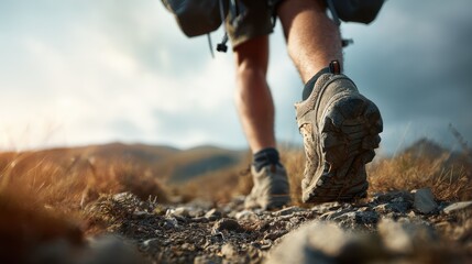 Hiker exploring mountain trails during golden hour with rugged terrain and cloudy skies