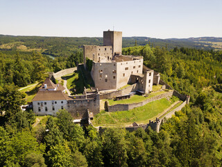 Aerial view of castle Landstejn. Large castle ruins in Czech republic, Europe.