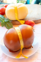Cheese collection, white and smoked yellow italian scamorza cheese