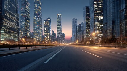 Fototapeta premium Vibrant city skyline at dusk with illuminated skyscrapers and empty road