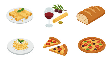 Italian cuisine elements: pasta, pizza, bread, wine, and olives in isometric&hellip;