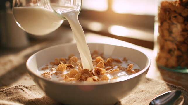 Pouring fresh milk over crispy corn flakes breakfast in a cozy morning setting with natural light