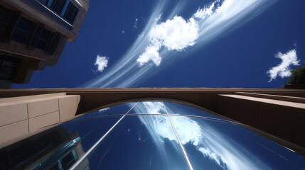 Dynamic Perspective of Skyscrapers Reflecting a Clear Blue Sky

