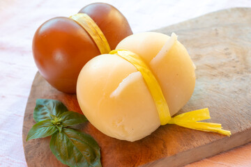 Cheese collection, white and smoked yellow italian scamorza cheese