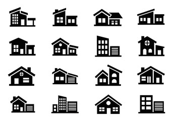 Fototapeta premium A collection of simple black house icons and residential building symbols. Vector graphics for real estate, property, and architectural design