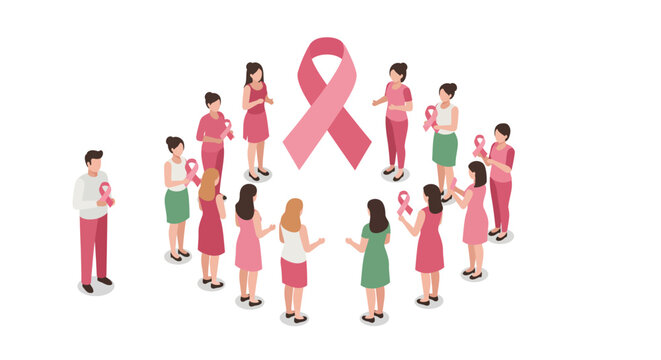 People gathered in support of breast cancer awareness with pink ribbon symbol