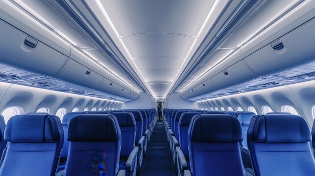 Empty airplane cabin interior with blue seats. - Powered by Adobe