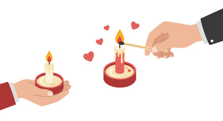 Hands lighting romantic candles with hearts in flat design