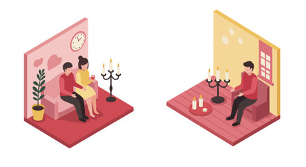 Cozy home moments: isometric couples and candles in modern interior settings