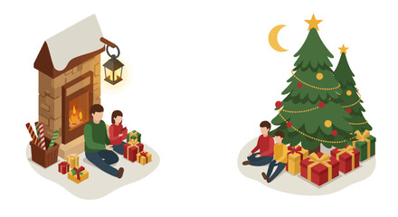 Cozy winter scene with family by fireplace and christmas tree decorated with…