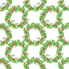 Seamless Christmas wreath pattern with watercolor green leaves and red berries, festive holiday decoration on transparent background. Perfect for fabric, textile, party and holiday design, decoration
