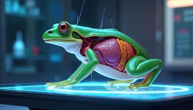 Animated 3D frog dissection model in virtual science lab. Close-up view of internal anatomy, organs, tissues. Educational technology for biology study, research exploration. Digital learning tool.