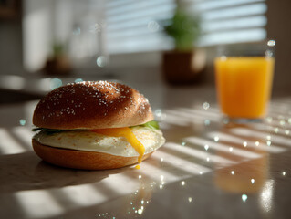 Delicious Breakfast Sandwich with Egg and Orange Juice in Soft Morning Light

