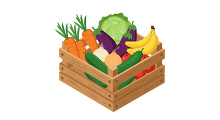 Fresh organic vegetables and fruits in wooden crate isometric design