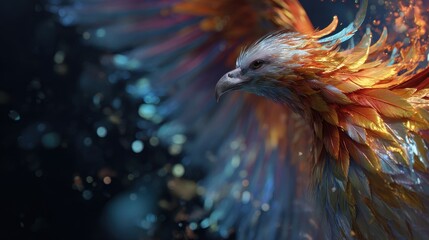 Obraz premium Fiery phoenix rises gracefully amidst colorful sparks and shimmering lights in a mystical atmosphere