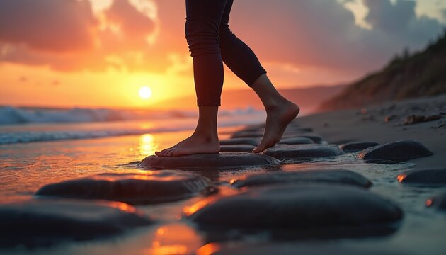 Barefoot person walks on stepping stones at ocean shoreline during sunset. Gentle waves lap sand. Warm orange sky reflects on wet stones, shallow water. Serene beach walk journey, mindfulness,