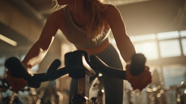 Woman exercising on stationary bike in bright gym during early morning workout session - Powered by Adobe