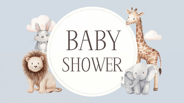 Baby shower invitation with watercolor safari animals including lion, giraffe, elephant and bunny on soft blue background with decorative text