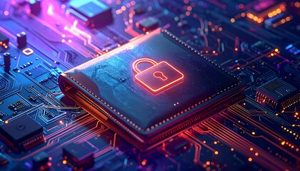 Circuit board with glowing padlock