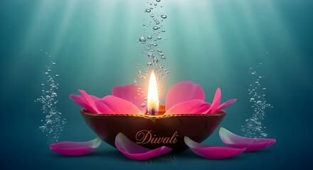 Diwali a glowing diya surrounded by pink flower petals and water bubbles, creating a serene and festive atmosphere for diwali celebration with light