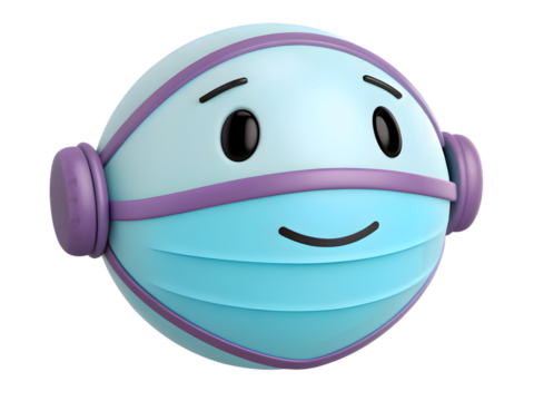 Blue sphere character with purple mask and headphones smiling face round - Powered by Adobe