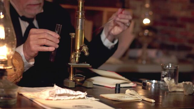 Victorian detective places a blood sample in a microscope