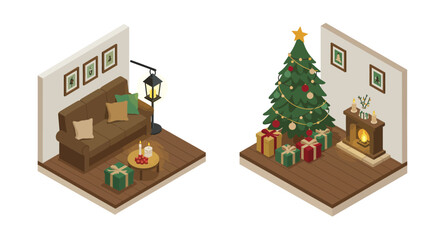 Cozy isometric living room with warm holiday decorations and gifts