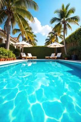 Fototapeta premium A sparkling blue swimming pool on a sunny summer day, inviting and refreshing Perfect for summer vacation imagery, travel brochures, and websites promoting relaxation and leisure , bright, resort