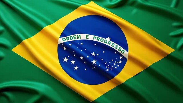 Dynamic Brazilian flag waving gently in the breeze, a symbol of national pride and vibrant culture with Ordem e Progresso motto for patriotic designs