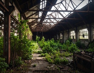 Abandoned factory overrun with vegetation.  Rusty metal roof, overgrown floor