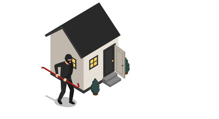 Isometric burglar approaching house with crowbar