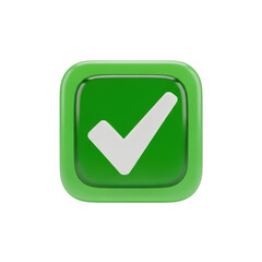 3D Green Check Mark Button with Glossy Finish on Transparent Background, perfect for indicating approval, completion, or confirmation in user interfaces