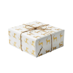 Obraz premium PNG cut out isolated background. A Christmas gift wrapped in white and gold reindeer paper with rustic twine.