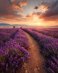Naklejka premium Golden Hours Embrace on a Winding Path Through a Vibrant Purple Lavender Field.