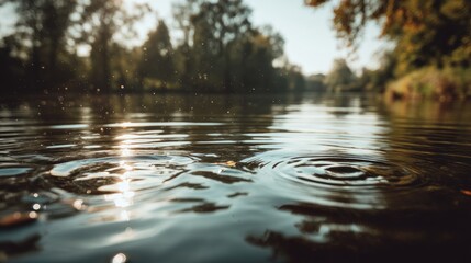 Sunlit river with gentle ripples and surrounding trees reflecting on the water surface