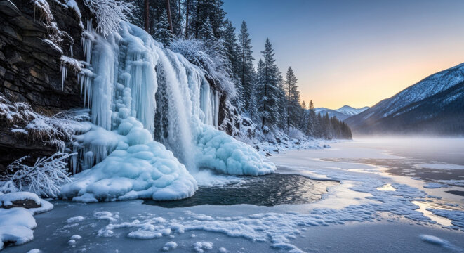 Serene winter landscape with frozen waterfall flowing into a misty lake at dawn
