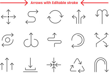 Arrows line icon set, direction, navigation, editable stroke, vector