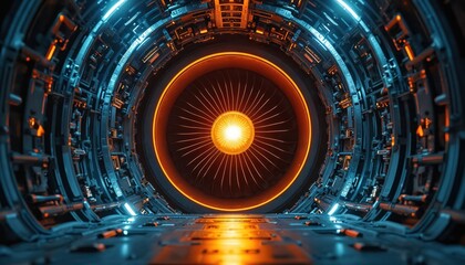 Close-up of fighter jet engine displaying advanced aerospace technology, engineering. Intricate turbine blades glow with bright orange light inside futuristic industrial workshop. Modern steel