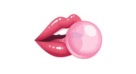 Glossy pink lips blowing bubble gum isolated on white background