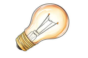 Close up of a traditional incandescent light bulb filament glowing warmly isolated