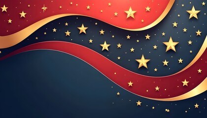 Fototapeta premium Abstract Wavy Red Blue Gold Background with Stars Festive Patriotic Design