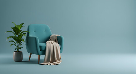 Teal upholstered armchair with beige blanket, dramatic side lighting from window, minimalist interior, cozy ambiance.