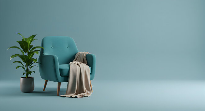 Teal upholstered armchair with beige blanket, dramatic side lighting from window, minimalist interior, cozy ambiance.